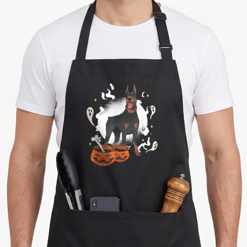 Tablier de cuisine noir avec illustration d'un Doberman entouré de fantômes et de citrouilles d'Halloween.