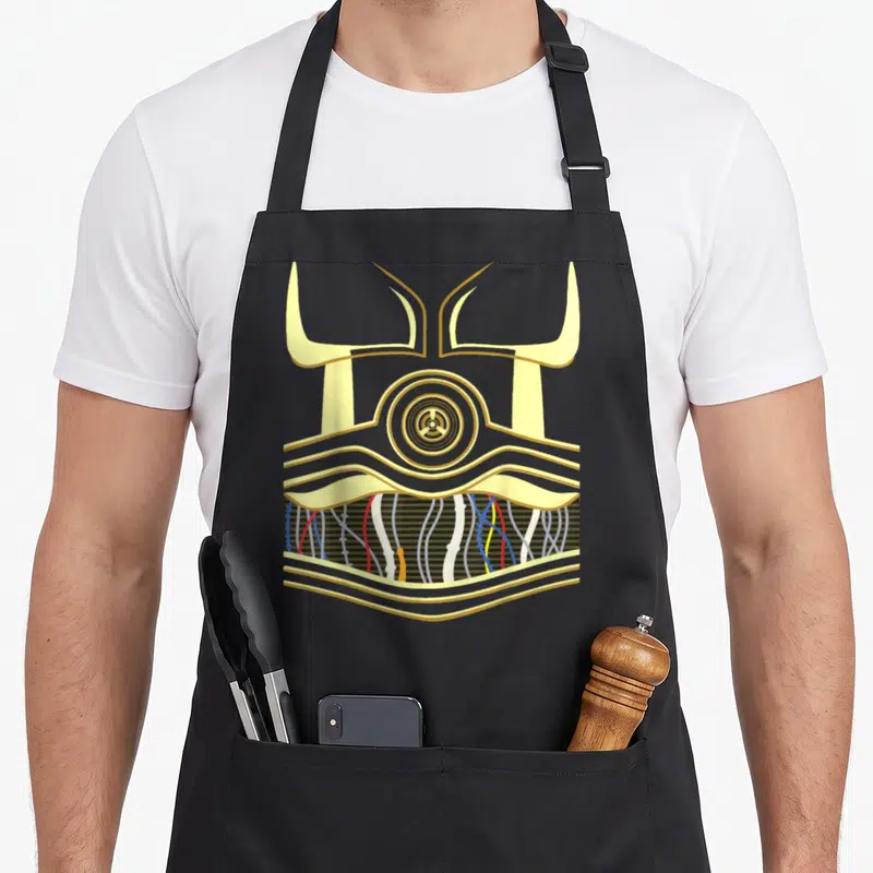 Tablier de cuisine noir avec illustration du torse doré et des câbles internes du robot C-3PO.
