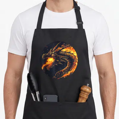 Tablier de cuisine noir avec illustration circulaire d'un dragon crachant des flammes orange sur fond sombre.