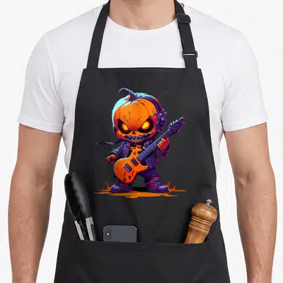 Tablier de cuisine noir avec illustration d'un bébé citrouille guitariste rock portant des écouteurs et une veste en cuir.