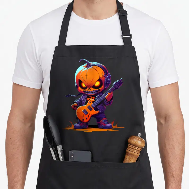 Tablier de cuisine noir avec illustration d'un bébé citrouille guitariste rock portant des écouteurs et une veste en cuir.