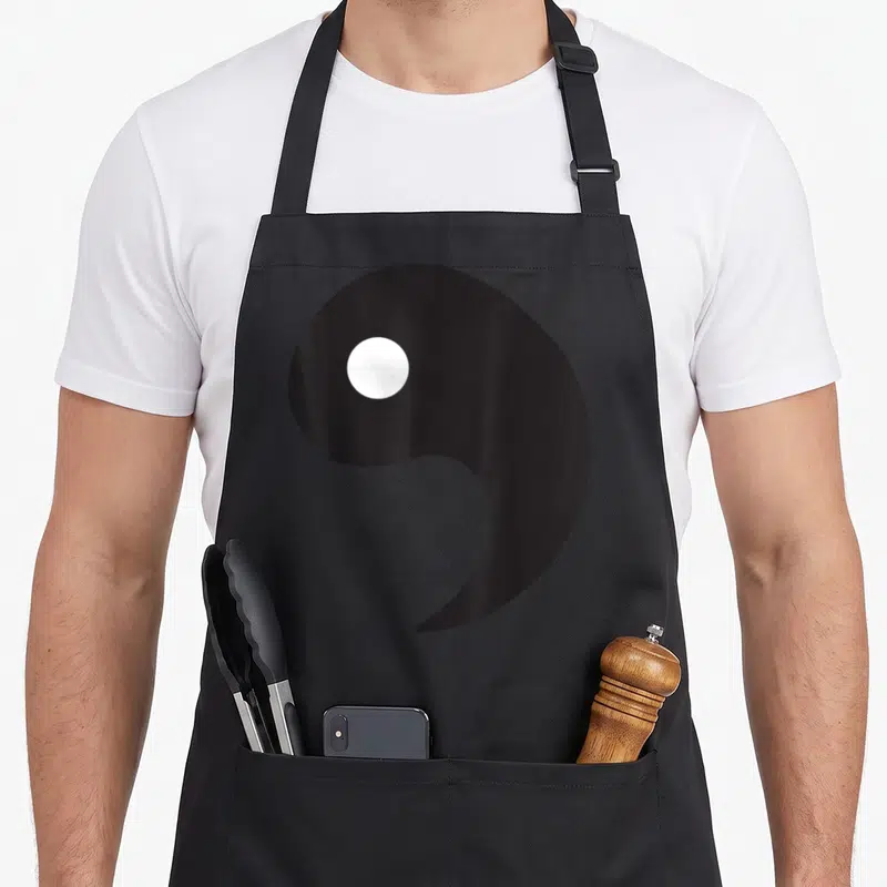 Tablier de cuisine noir avec le symbole Yin et Yang imprimé en grand au centre.