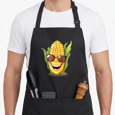 Tablier de cuisine noir avec illustration d'un épi de maïs souriant portant des lunettes de soleil noires.