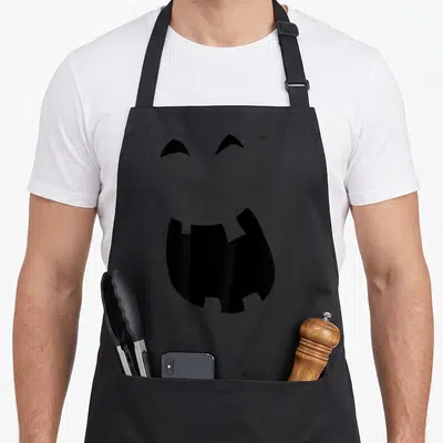 Tablier de cuisine noir avec motif silhouette citrouille aux yeux arqués et large bouche dentelée style Halloween.