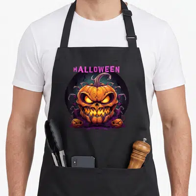 Tablier de cuisine noir avec citrouille effrayante aux yeux jaunes et inscription HALLOWEEN rose au-dessus.