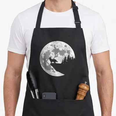 Tablier de cuisine noir avec illustration d'un loup silhouetté face à une grande lune pleine au-dessus d'une forêt.