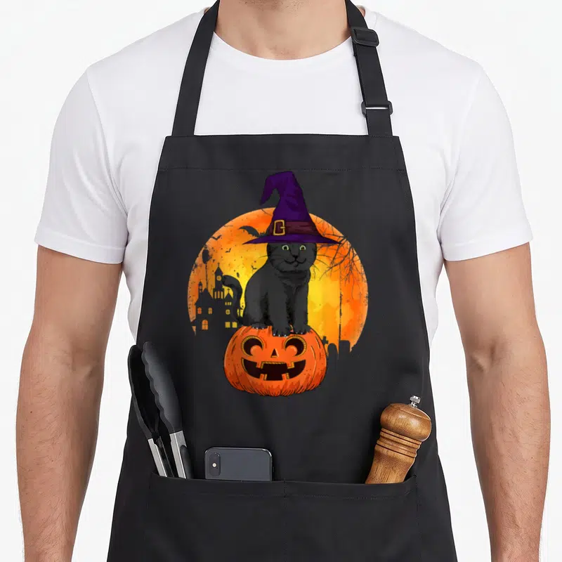 Tablier de cuisine noir avec illustration d'un chat noir au chapeau violet sur une citrouille orange.