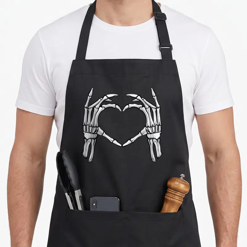 Tablier de cuisine noir avec deux mains squelettiques formant un cœur en style rétro.