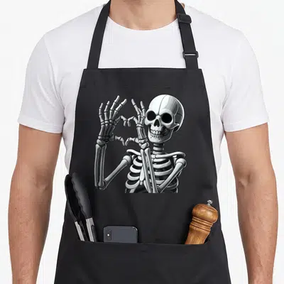 Tablier de cuisine noir avec illustration d'un squelette formant un cœur avec ses mains osseuses en gris et blanc.