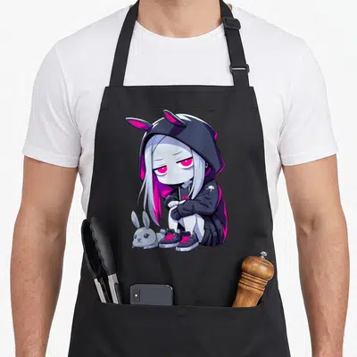 Tablier de cuisine noir avec illustration anime girl e-girl edgy grunge goth bunny aux cheveux blancs et yeux roses vifs.