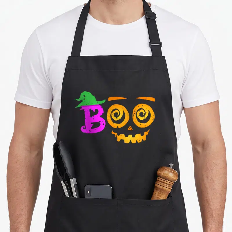 Tablier de cuisine noir avec le mot Boo stylisé en rose et un visage de pumpkin aux yeux en spirale orange.