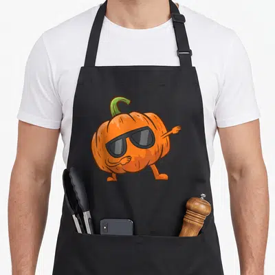Tablier de cuisine noir avec une citrouille orange en lunettes noires effectant un mouvement de danse original.