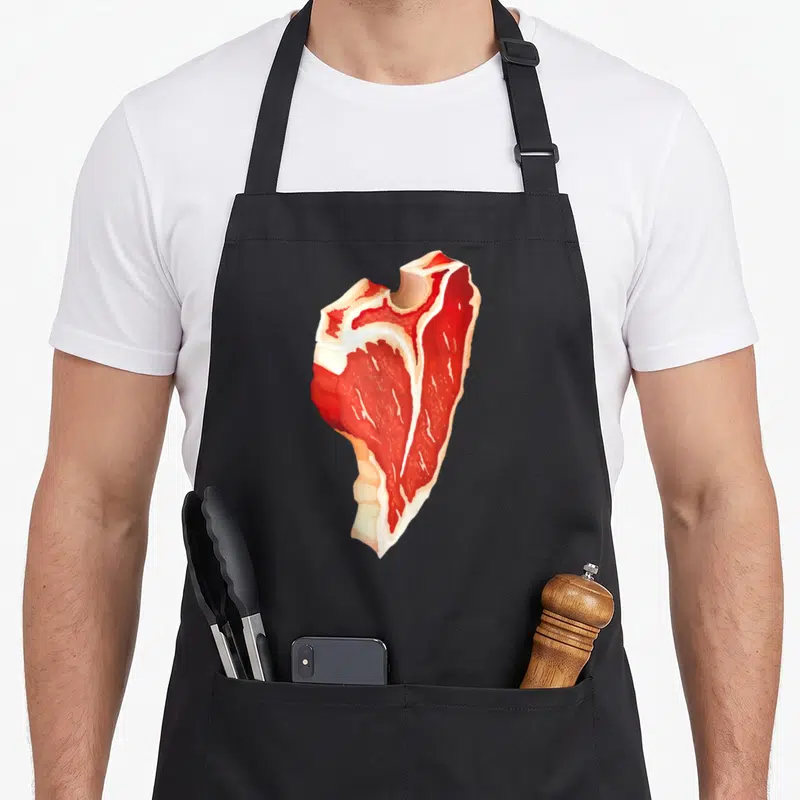 Tablier de cuisine noir avec illustration colorée d'un morceau de steak cru aux marbrures blanches.