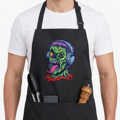 Tablier de cuisine noir avec tête de zombie vert DJ casque et langue rose