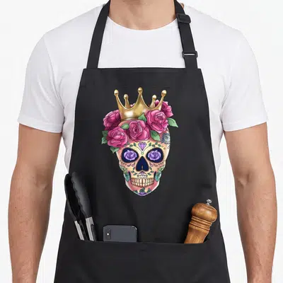 Tablier de cuisine noir avec un crâne orné d'une couronne dorée et de roses roses vives.