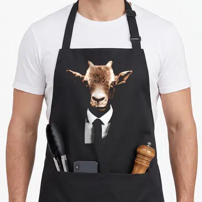Tablier de cuisine noir avec tête de chèvre portant chemise blanche et col de costume imprimé au centre.