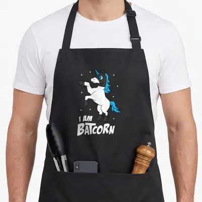 Tablier de cuisine noir avec illustration d'une Batcorn blanc et bleu et texte I AM BATCORN