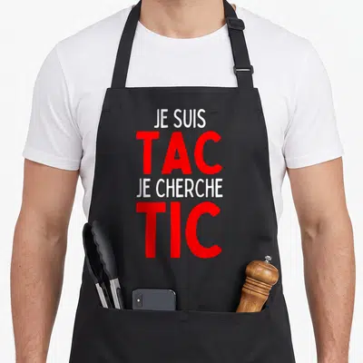 Tablier de cuisine noir avec inscription rouge et blanche Je Suis TAC Je Cherche TIC
