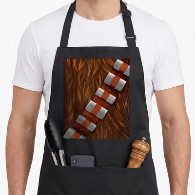 Tablier de cuisine noir avec illustration détaillée de la ceinture et de la fourrure brune du personnage Wookiee.