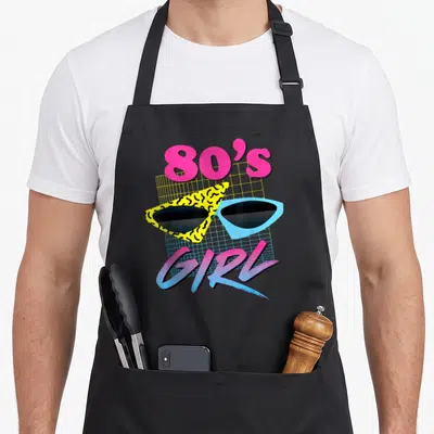 Tablier de cuisine noir avec motif 80s Girl lunettes cat-eye jaune et bleu grille géométrique rose et cyan