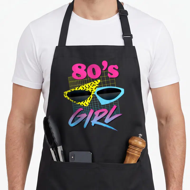 Tablier de cuisine noir avec motif 80s Girl lunettes cat-eye jaune et bleu grille géométrique rose et cyan