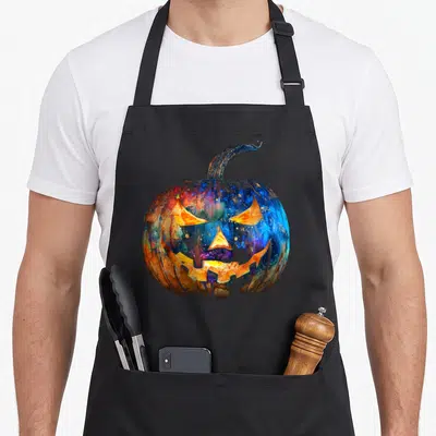 Tablier de cuisine noir avec une citrouille effrayante aux teintes bleues et oranges lumineuses.