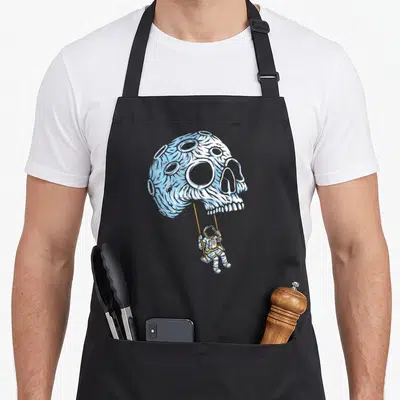 Tablier de cuisine noir avec un crâne lunaire bleu et un petit astronaute sur une balançoire orange.