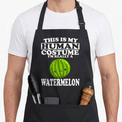 Tablier de cuisine noir avec illustration melon d'eau et texte blanc This Is My Human Costume I'm Really A Watermelon