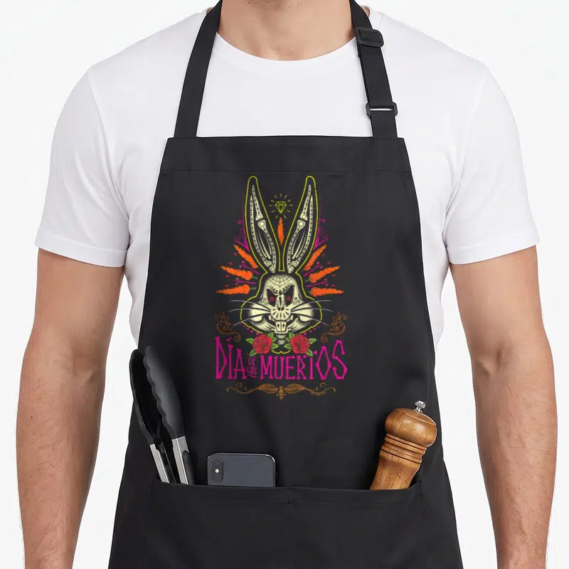 Tablier de cuisine noir avec Bugs Bunny squelette Dia de los Muertos roses et carottes oranges