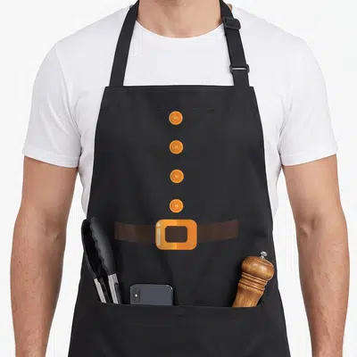 Tablier de cuisine noir avec quatre boutons orange alignés verticalement et une ceinture marron à boucle carrée dorée en bas.
