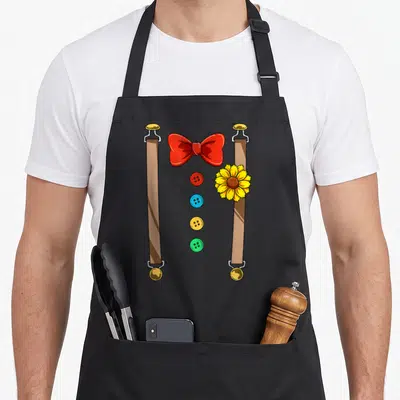 Tablier de cuisine noir avec suspenders, nœud papillon rouge, boutons colorés et fleur jaune imprimés.