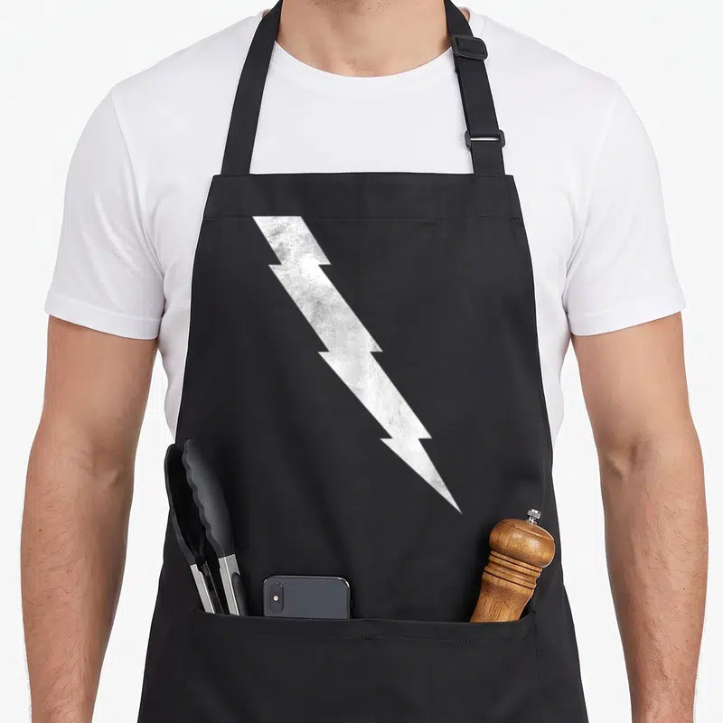Tablier de cuisine noir avec une grande foudre blanche texturée en diagonale sur le devant.