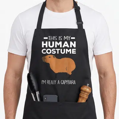 Tablier de cuisine noir avec illustration de capybara et texte blanc Ce costume humain je suis capybara