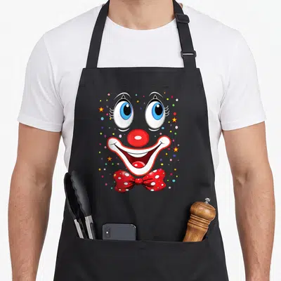 Tablier de cuisine noir avec illustration colorée d'un visage de clown souriant, nez rouge et nœud papillon à pois.