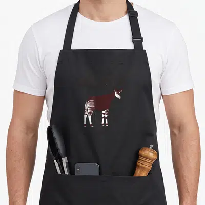Tablier de cuisine noir avec illustration d'un okapi et le texte I'm an Okapi in a human costume.