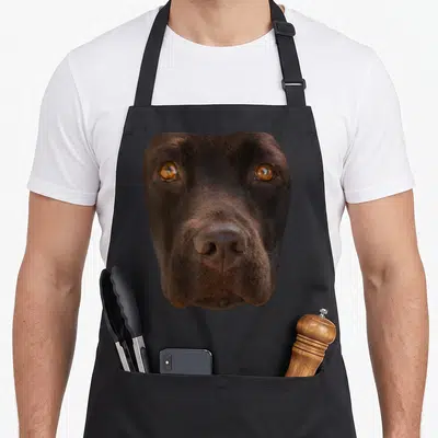Tablier de cuisine noir avec imprimé visage de chien marron foncé aux yeux amber et nez détaillé.