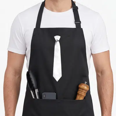 Tablier de cuisine noir orné d'une illustration de cravate blanche classique au centre du torse.