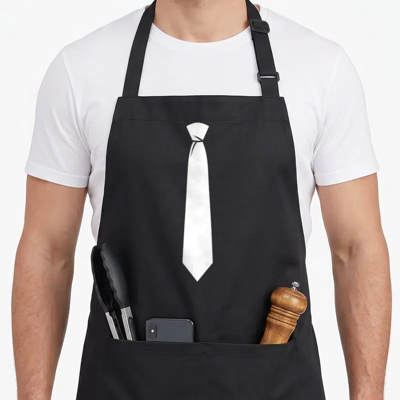 Tablier de cuisine noir orné d'une illustration de cravate blanche classique au centre du torse.