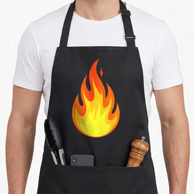 Tablier de cuisine noir avec une illustration centrale représentant une flamme stylisée aux couleurs vives orange et jaune.