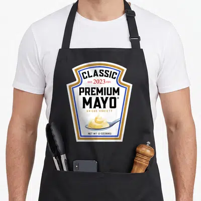 Tablier de cuisine noir avec étiquette Premium Mayo Classic 2023 et illustration de cuillère.