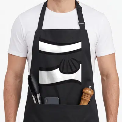 Tablier de cuisine noir avec motif graphique ondulé noir et blanc représentant un poisson clown stylisé.