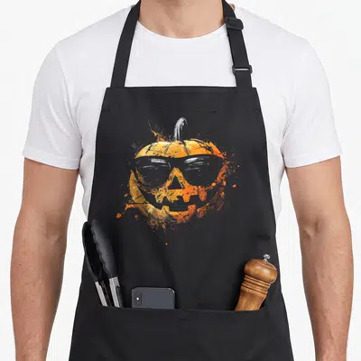 Tablier de cuisine noir avec une citrouille aux lunettes de soleil effrayantes et art graphique orange.