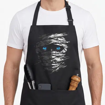 Tablier de cuisine noir avec illustration de momie aux bandages gris et yeux bleus vifs au centre du torse.