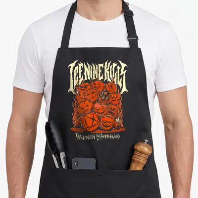 Tablier de cuisine noir avec des pumpkins rouges et une typographie blanche style horreur.