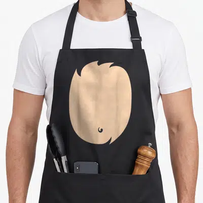 Tablier de cuisine noir avec illustration d'une coiffure de cerf beige et d'une petite mèche en spirale grise.