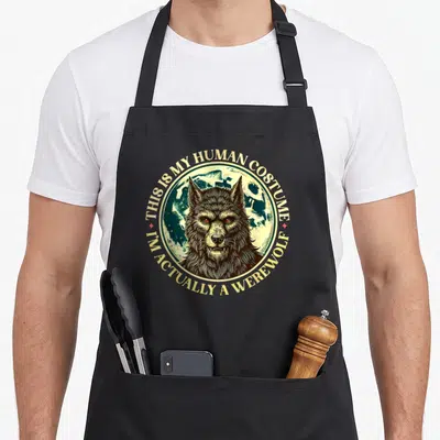 Tablier de cuisine noir avec illustration circulaire d'un loup-garou aux yeux rouges devant une lune jaune.