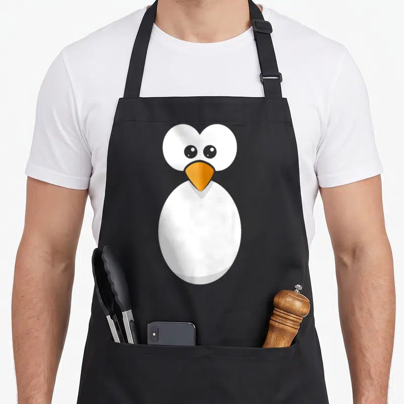 Tablier de cuisine noir avec un pingouin blanc au bec orange et des yeux ronds expressifs.