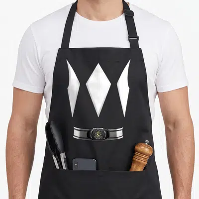 Tablier de cuisine noir avec ceinture Morpher et trois formes géométriques blanches en diamant imprimées au centre.