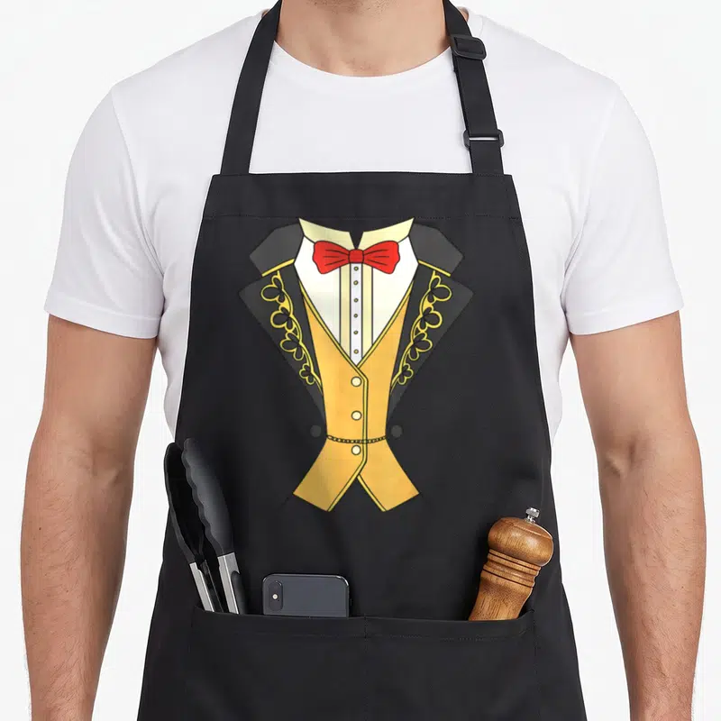 Tablier de cuisine noir avec illustration de costume de maître de piste dompteur cirque