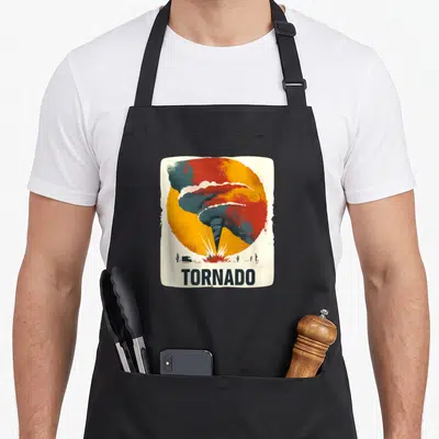 Tablier de cuisine noir avec illustration colorée d'une tornade et le mot TORNADO en bas.
